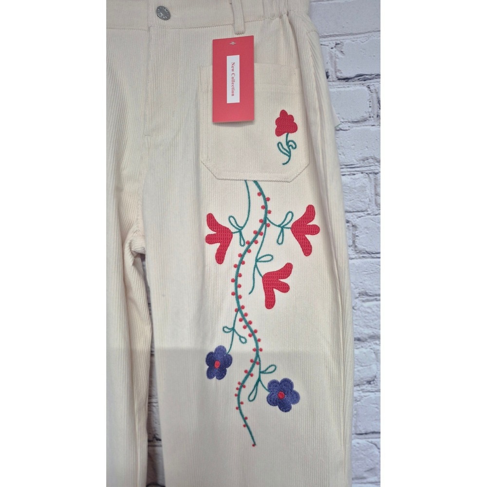 Floral Embroidered Corduroy Pants Cream Boho‎ Cottagecore Size M NWT - Picture 5 of 12
